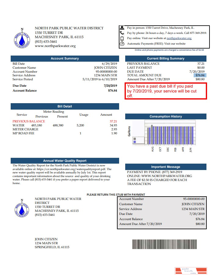 USA Illinois North Park Public Water District IL utility bill template in Word and PDF format